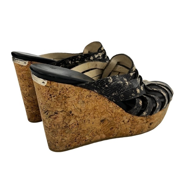 Jimmy Choo Women’s Snakeskin Embossed Leather and Cork Slide Wedge Sandals - Picture 11 of 16